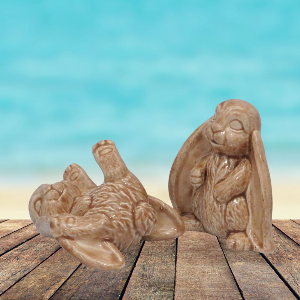 Handmade Ceramic Bunny Figurines Tan Glossy Finish Set of 2